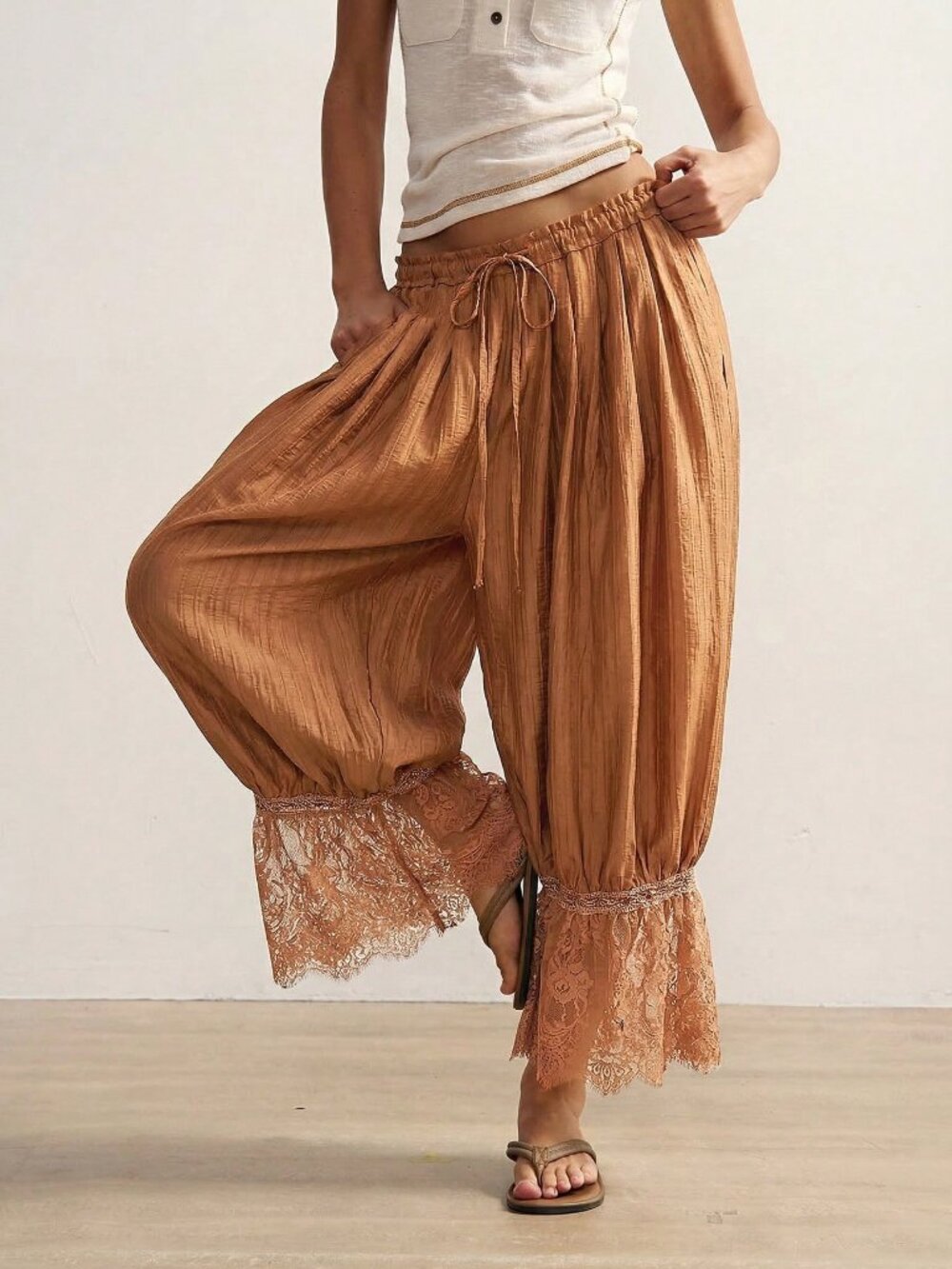Brown Casual womens  Stretchy Waist Lace hem Bloomers Pants